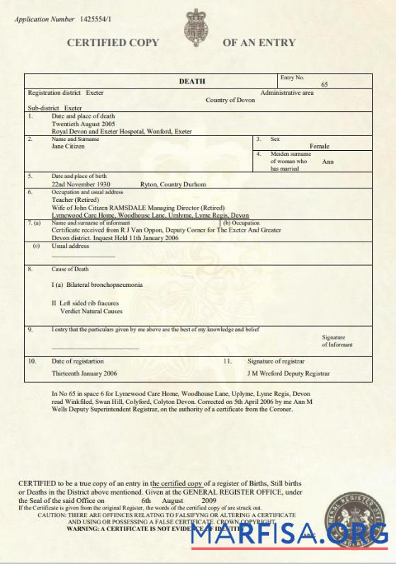 Blank United Kingdom death certificate template in Word and PDF format